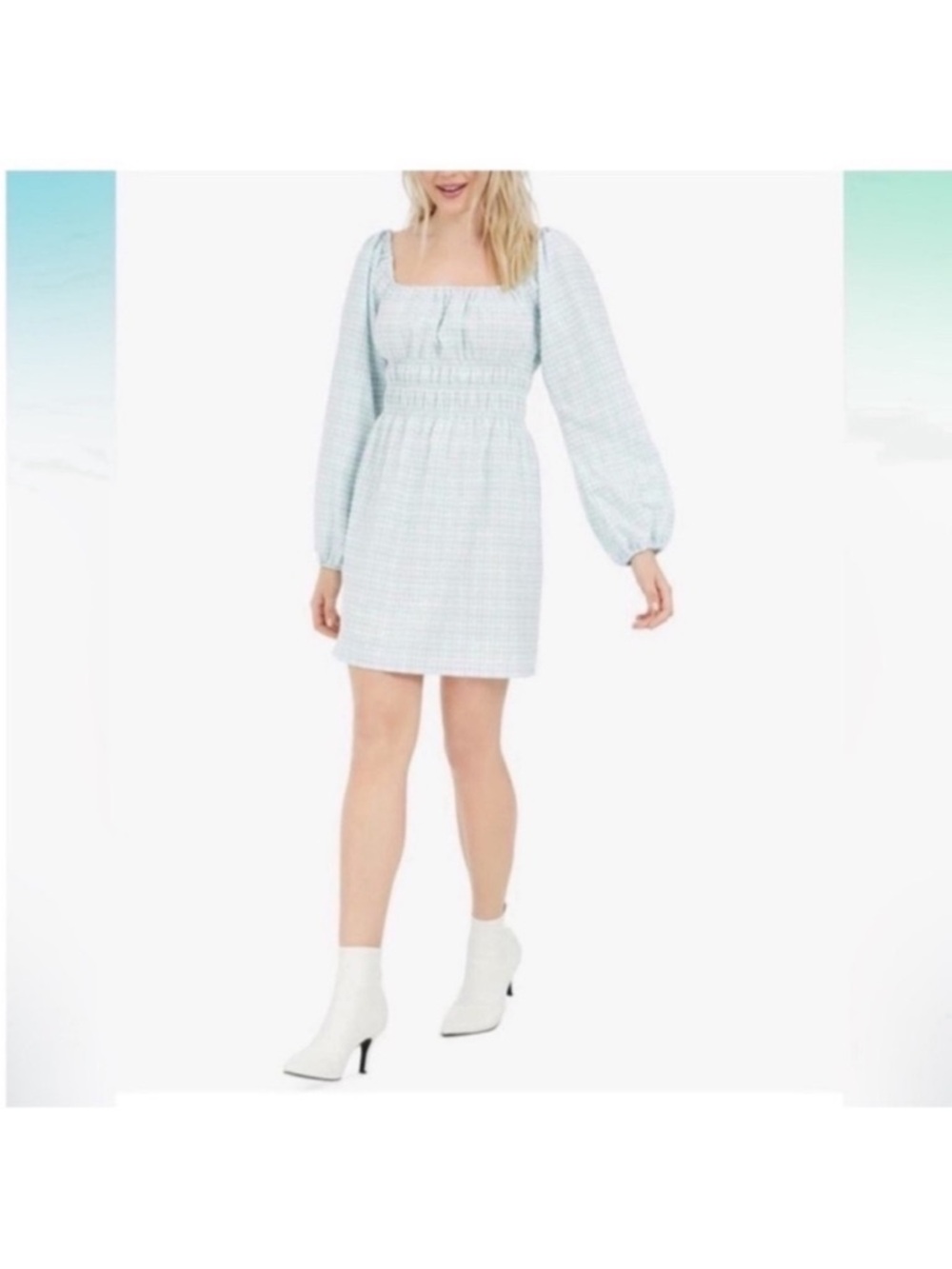 Leyden Blue& White Smocked Bubble Sleeve Dress Size Medium